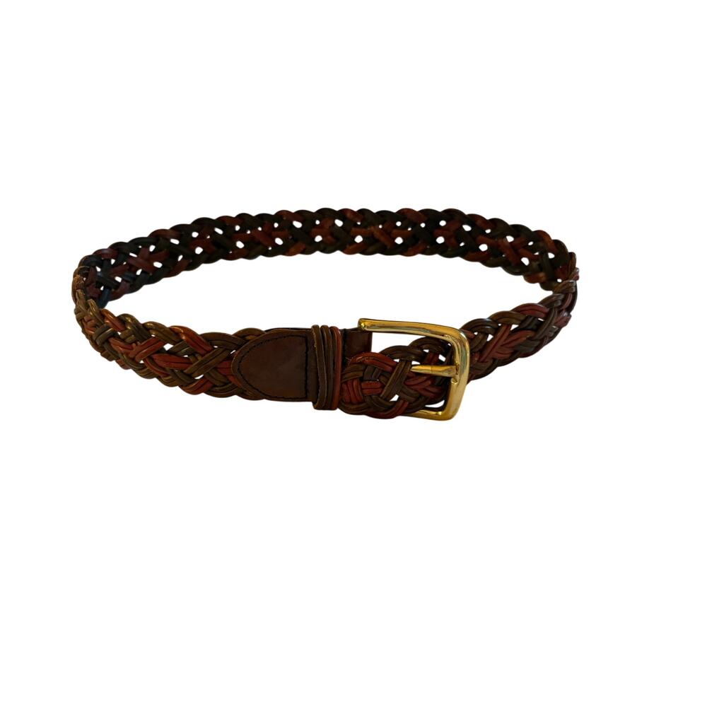 Lands End Braided Leather Belt Size 28 Brown Multi Color Gold Buckle Vintage